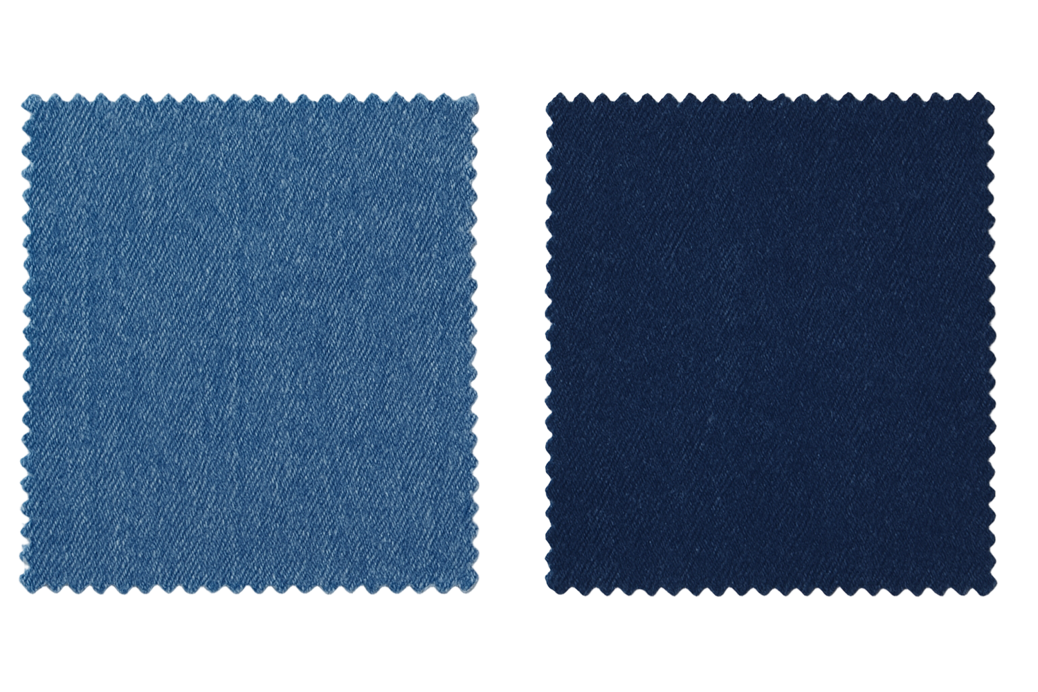 two swatches of denim one mid tone true blue one darker but still blue